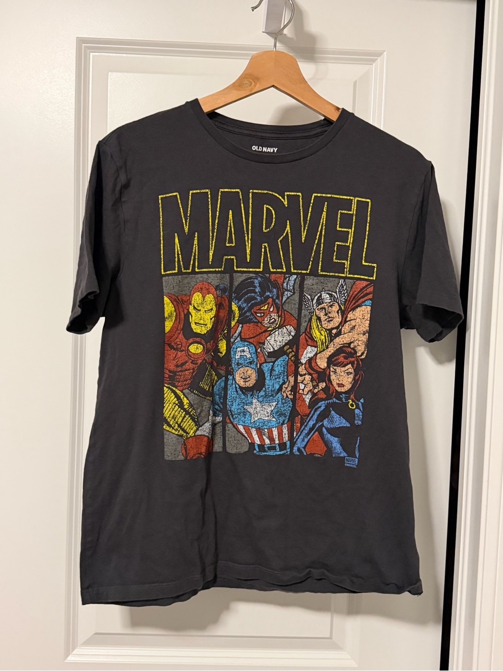 Old Navy Black Marvel Graphic Tee with Multicolor Superhero Art